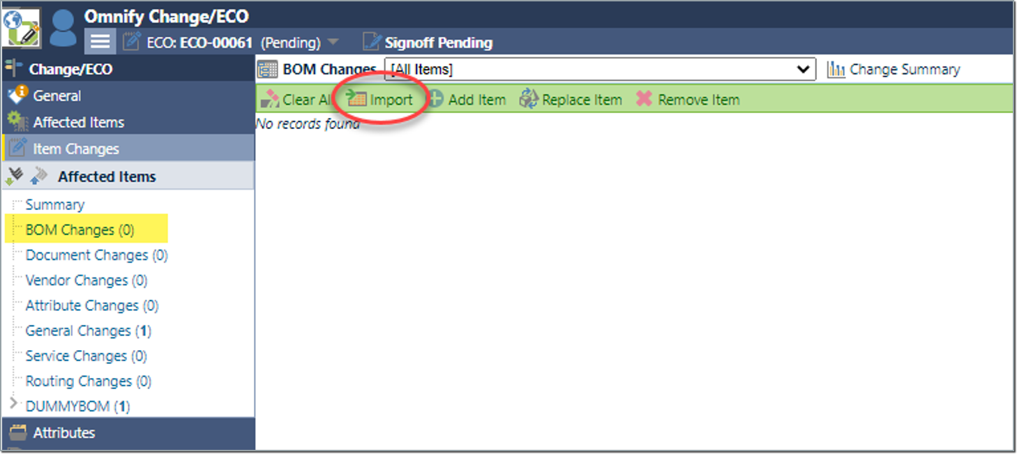 Bom Changes Import page