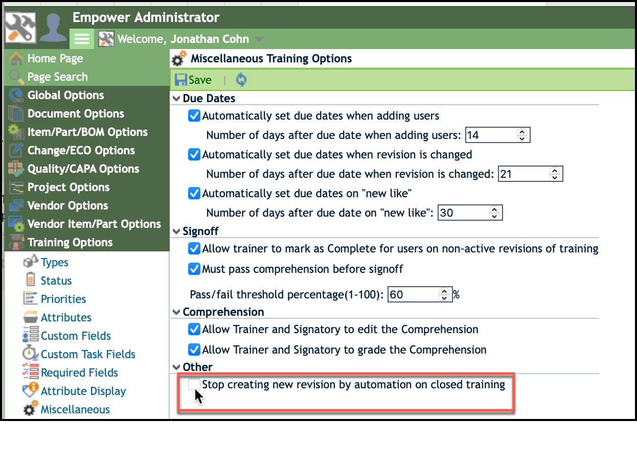 Check box to "stop creating new revision by automation on closed training"