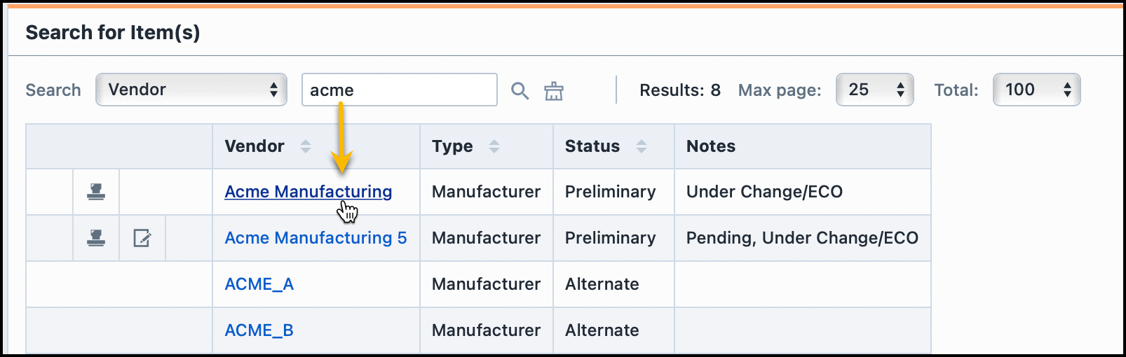 Searching for a vendor generates a list of potential vendor choices