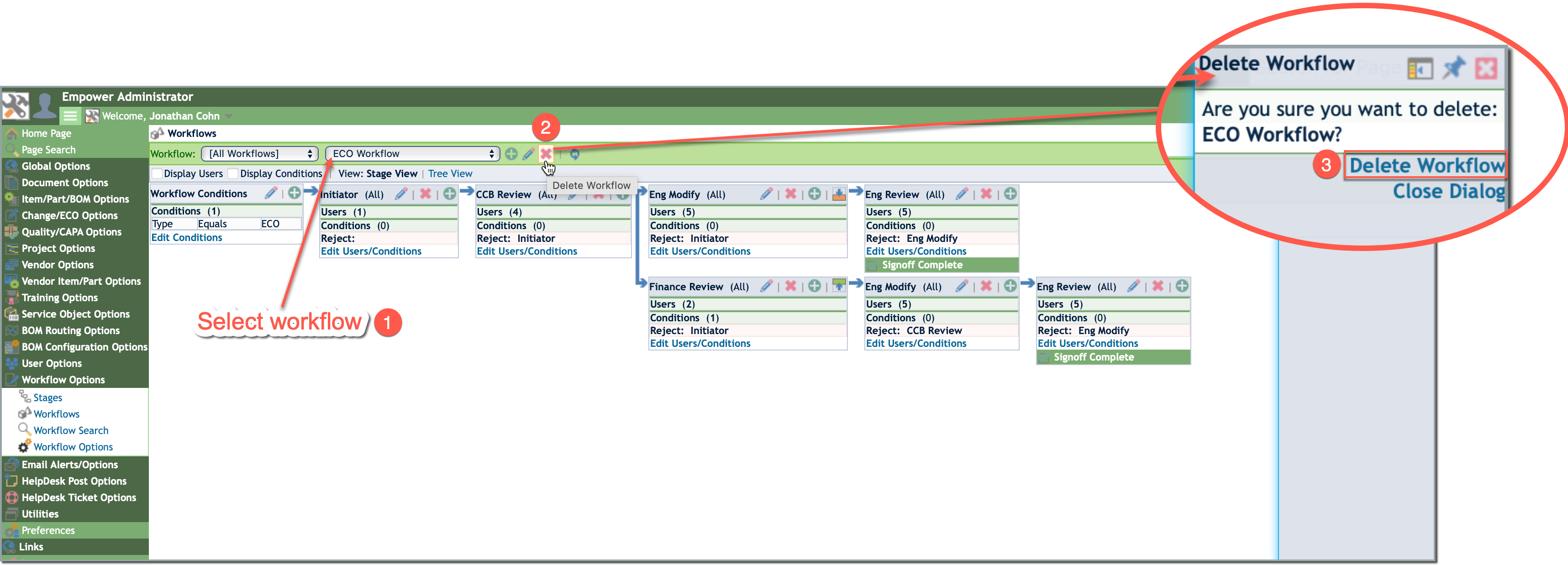 workflow window showing delete button