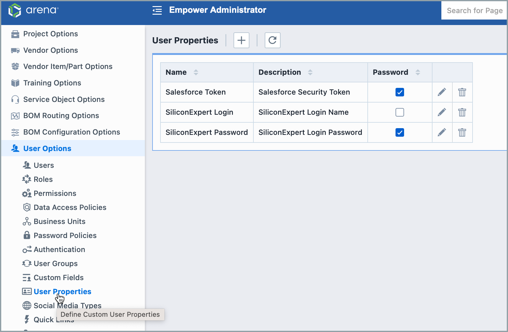 User Properties Screen