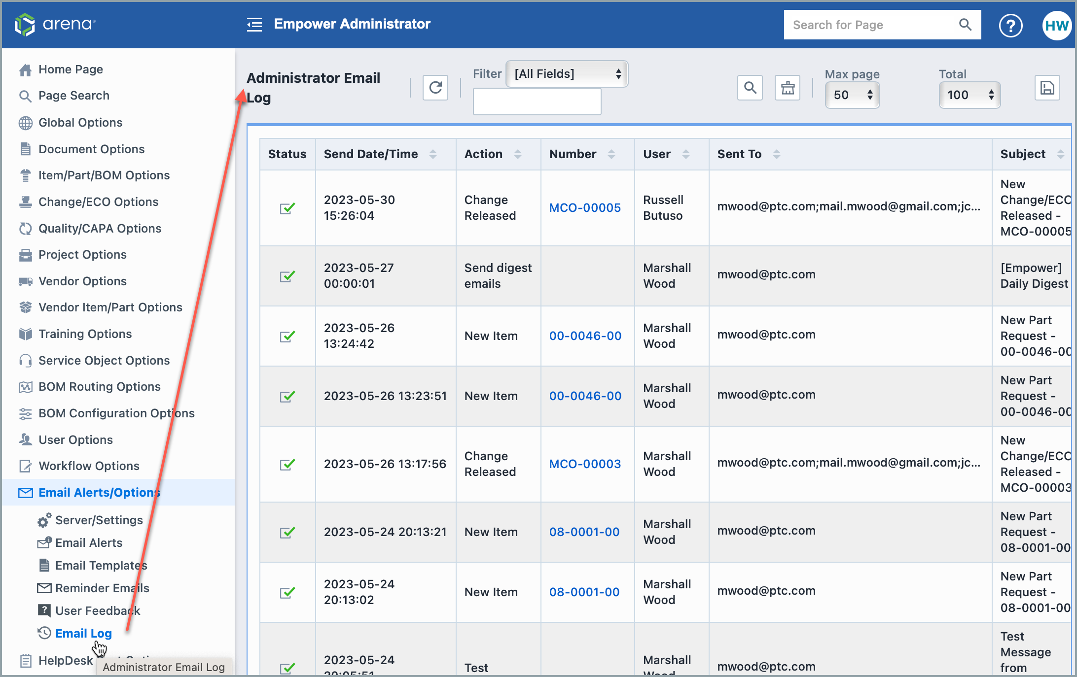 Email Log Page