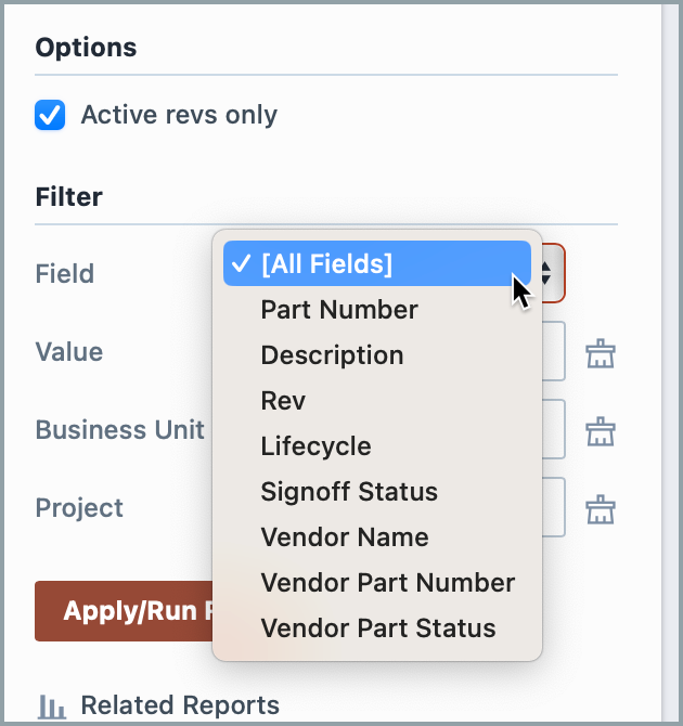Options and filters section