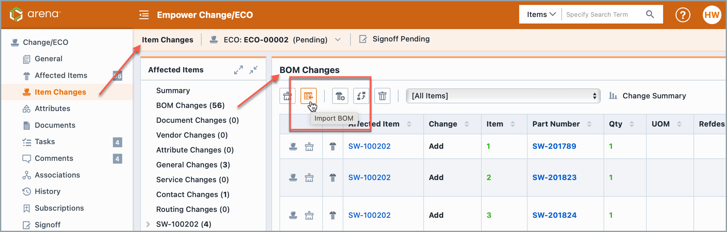 Bom Changes Import page