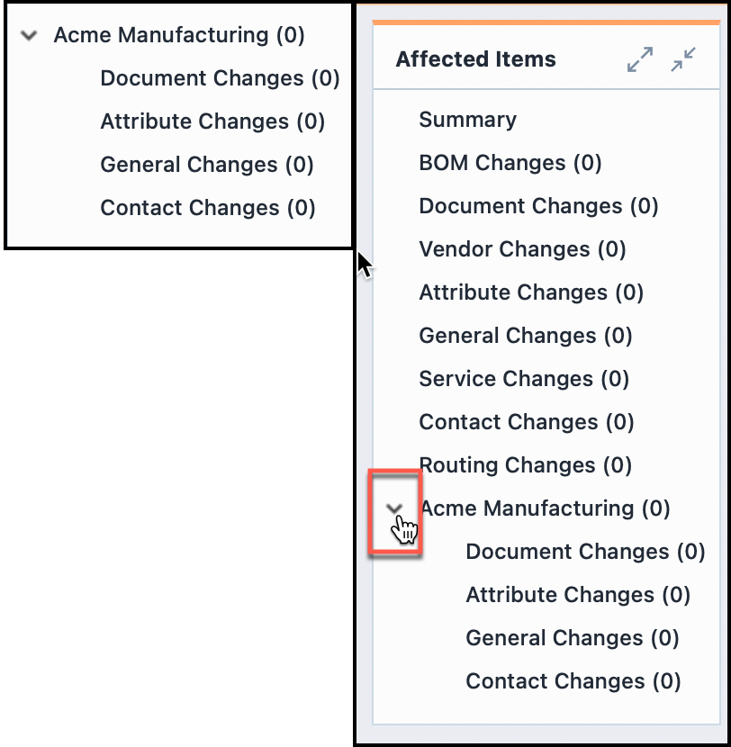 Affected Items -> Acme Manufacturing, caret menu with included change options