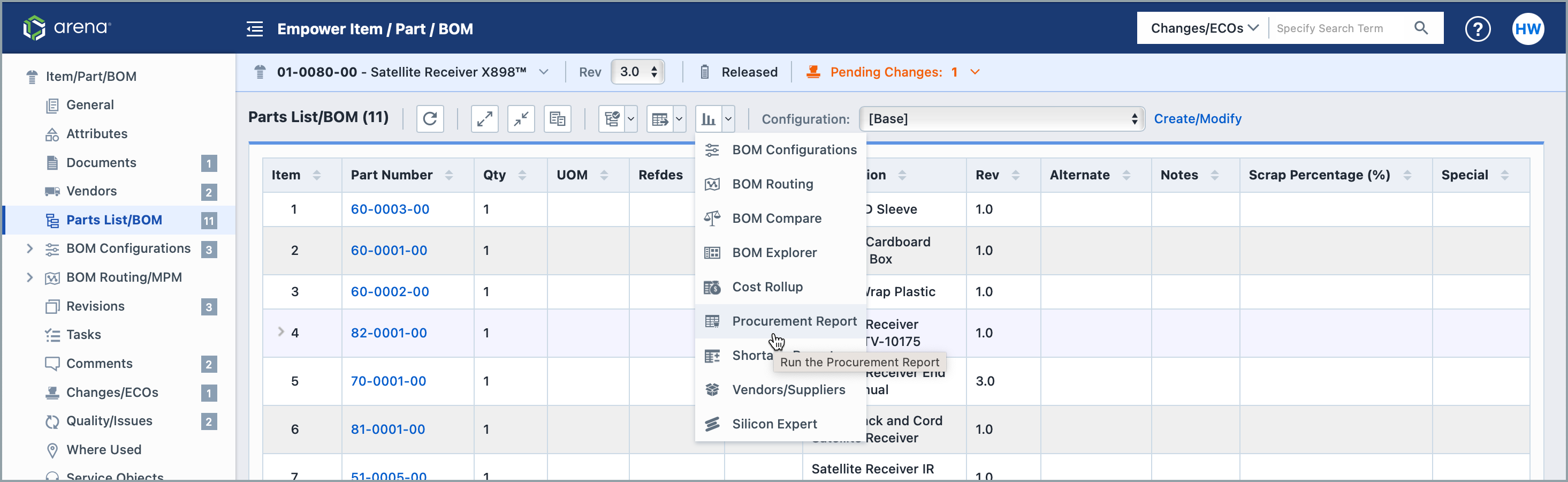 BOM Page of an item showing procurement report option