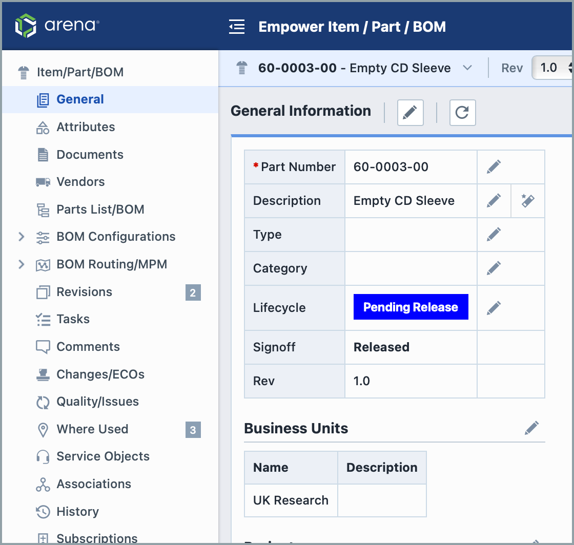 items with business unit field