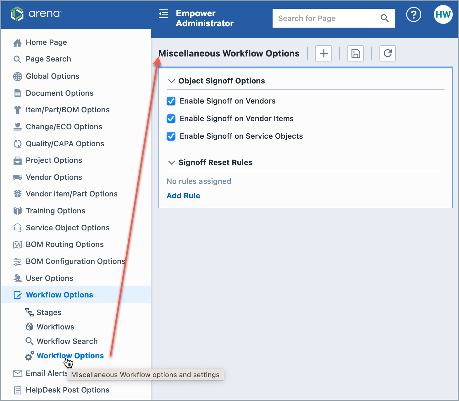 Workflow Options Page