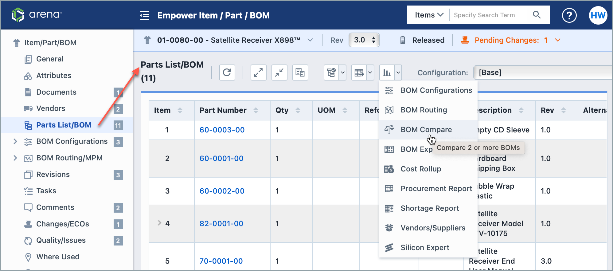 BOM Compare from the BOM/Parts Desktop page