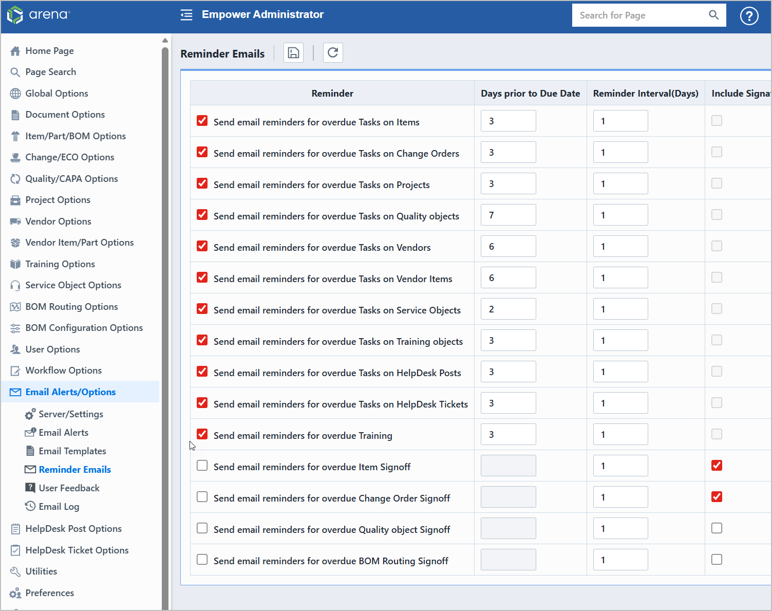 Reminder Emails Options